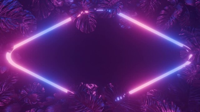 Abstract Neon Rhombus Frame with Tropical Jungle Leaves in VJ Loop