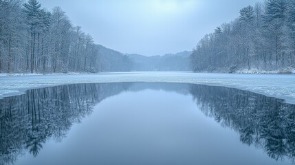 Frozen winter lake reflecting overcast gray skies nature landscape serene environment winter viewpoint
