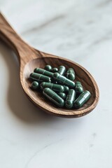 Green capsules placed on a wooden plate or wooden spoon, in the style of realistic photography, featuring spirulina, with a clean and minimalist background of either white marble or a pure white table