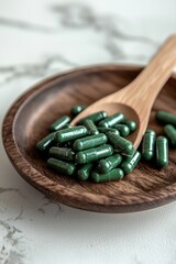 Green capsules placed on a wooden plate or wooden spoon, in the style of realistic photography, featuring spirulina, with a clean and minimalist background of either white marble or a pure white table