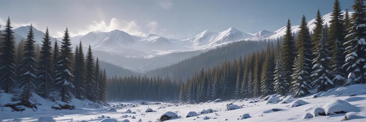 Snowy forest landscape with mountain peaks in the Carpathian mountains near Yaremche and Bukovel, carpathian mountains, mountain peaks