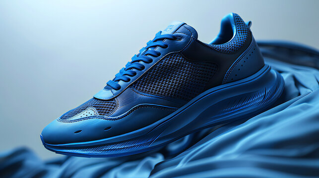 An image of blue sneakers isolated on white background with shoelaces and rubber soles