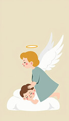 Cute angel caring for a sleeping child on a fluffy cloud