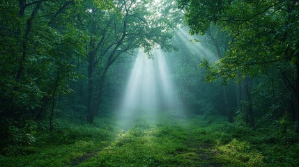 Fototapeta premium Serene foggy morning in forest with light beams filtering through trees nature tranquil environment
