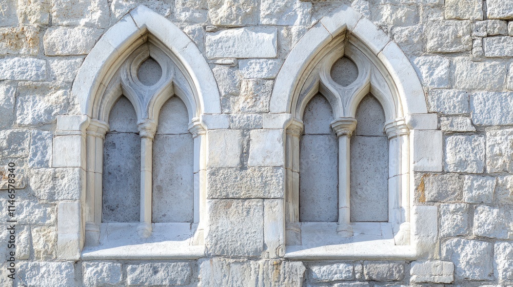 Poster two arched stone windows with intricate designs set in a textured stone wall.