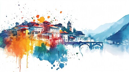 Vibrant Watercolor Cityscape: A Bridge to History