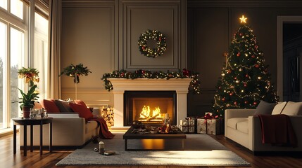 Cozy festive living room glowing fireplace elegant tree holiday minimal neutral look
