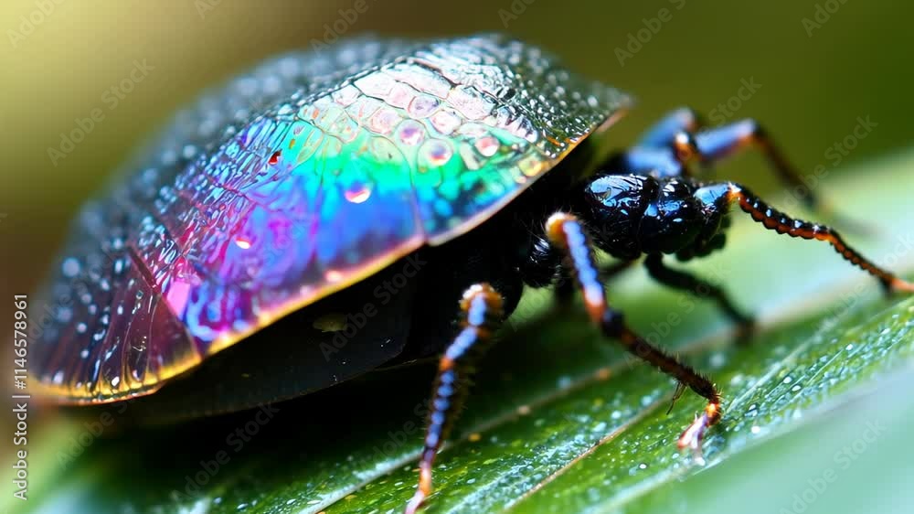 Poster close-up exploration of a colorful beetle on a leaf in a lush garden environment during the day