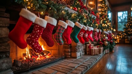 Cozy Christmas fireplace adorned with festive stockings