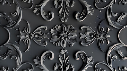 3D embossed pattern with swirls and vines, in a dark gray color palette.