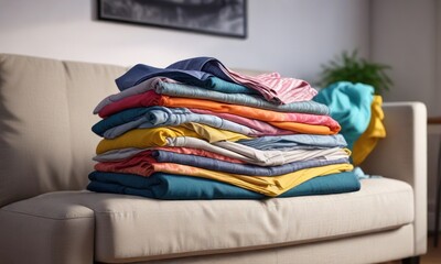 Stacked clean clothes on a worn couch waiting to be folded, clean laundry, linen