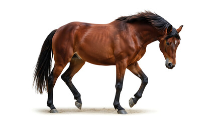 Obraz premium Majestic Brown Horse Walking Isolated on White Background