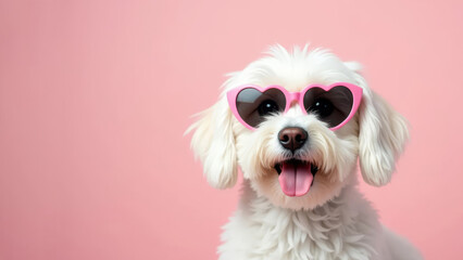 Cute white dog with heart shaped sunglasses on a pink background for Valentine s Day.