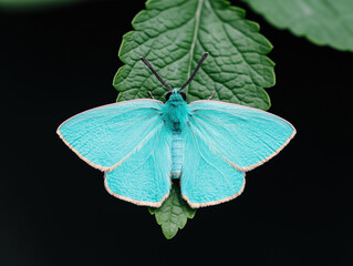 Close-up of a vibrant turquoise butterfly resting on a green leaf against a dark background