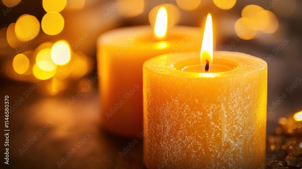Poster two glowing candles surrounded by warm bokeh lights, creating a cozy atmosphere.