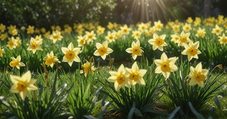 Sunny daffodils swaying gently in a green meadow, spring blooms, botanical photography, daffodils