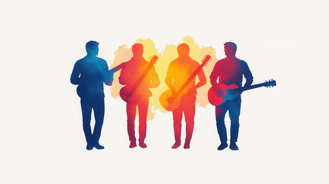 Silhouettes of musicians with guitars in vibrant watercolor art, isolated design on white background
