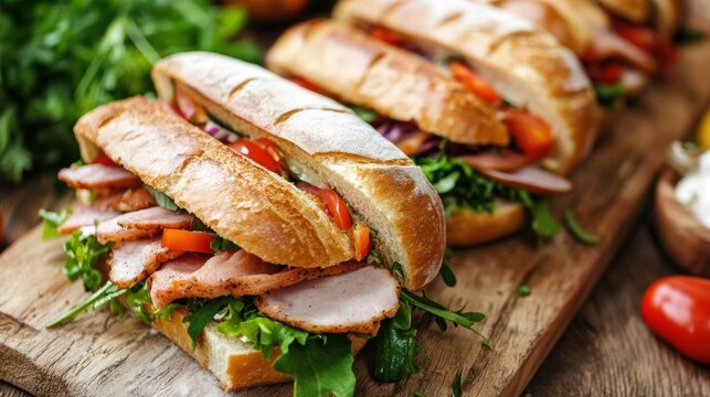 delicious turkey and tomato sandwiches on a wooden board