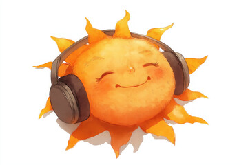 Fototapeta na wymiar Smiling Sun with Headphones