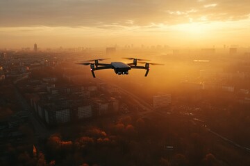 Aerial View of a Drone Flying Over a Cityscape at Sunset with a Beautiful Horizon and Urban Environment Surrounded by Warm Lighting and Atmospheric Conditions