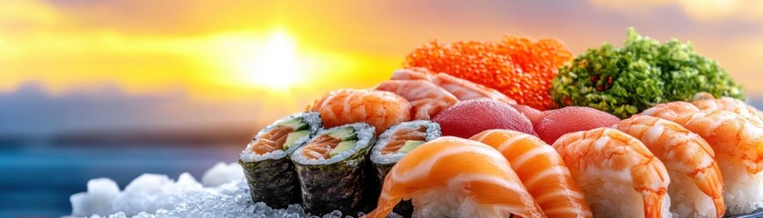 Enjoy a refined culinary experience with this fresh seafood bento, featuring an artful arrangement of sushi and sashimi The bento box showcases the oceans bounty, offering a taste of the sea's best