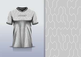 T-shirt mockup abstract hexagon line sport jersey design for football, soccer, racing, esports, running, in gray white color