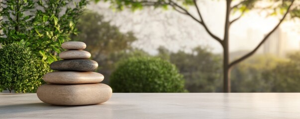 Experience a vivid visualization of calm energy, not through massage techniques but with balanced stones, promoting inner peace The scene evokes energy and calm Discover soothing vitality through