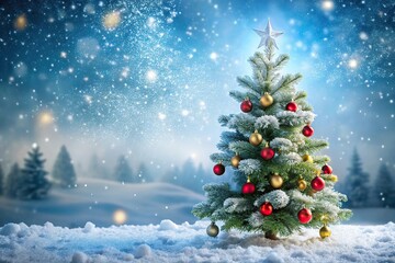 Obraz premium Frosty winter scene with a beautifully adorned Christmas tree in a serene snowy background