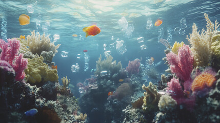 Vibrant coral reef teeming with marine life and floating plastic debris