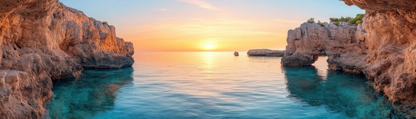 Experience the freedom of a serene coastal scene with dramatic cliffs, where crystal-clear ocean waves gently kiss the shore, and a glowing sunset paints the sky with breathtaking hues This tranquil