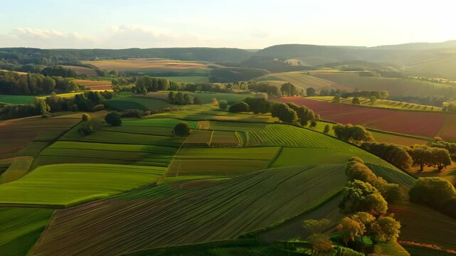 Beautiful rolling hills of farmland at sunset showcasing vibrant green fields and natural beauty