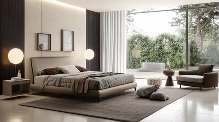 Fototapeta premium modern beige bedroom with large window and comfortable seating