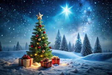 Snowy Christmas tree under a starry sky, surrounded by gifts in a peaceful winter setting