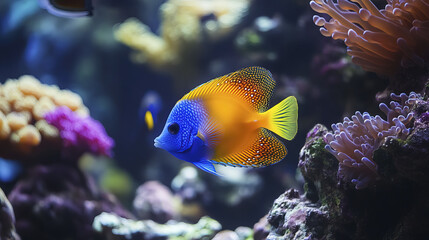 Obraz premium Playful underwater scene with colorful fish and vibrant coral reefs