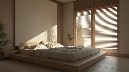 Fototapeta premium serene minimalist bedroom with wooden platform bed and sunlight