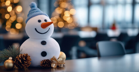Obraz premium A cheerful snowman decoration sits on a table, surrounded by festive decor and twinkling lights, capturing the holiday spirit.