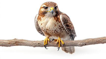 Naklejka premium Red-tailed hawk perched on a branch, isolated on white.
