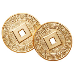 Two intricately designed gold coins with square holes in the center, showcasing detailed patterns and a shiny finish, white background, transparent background.