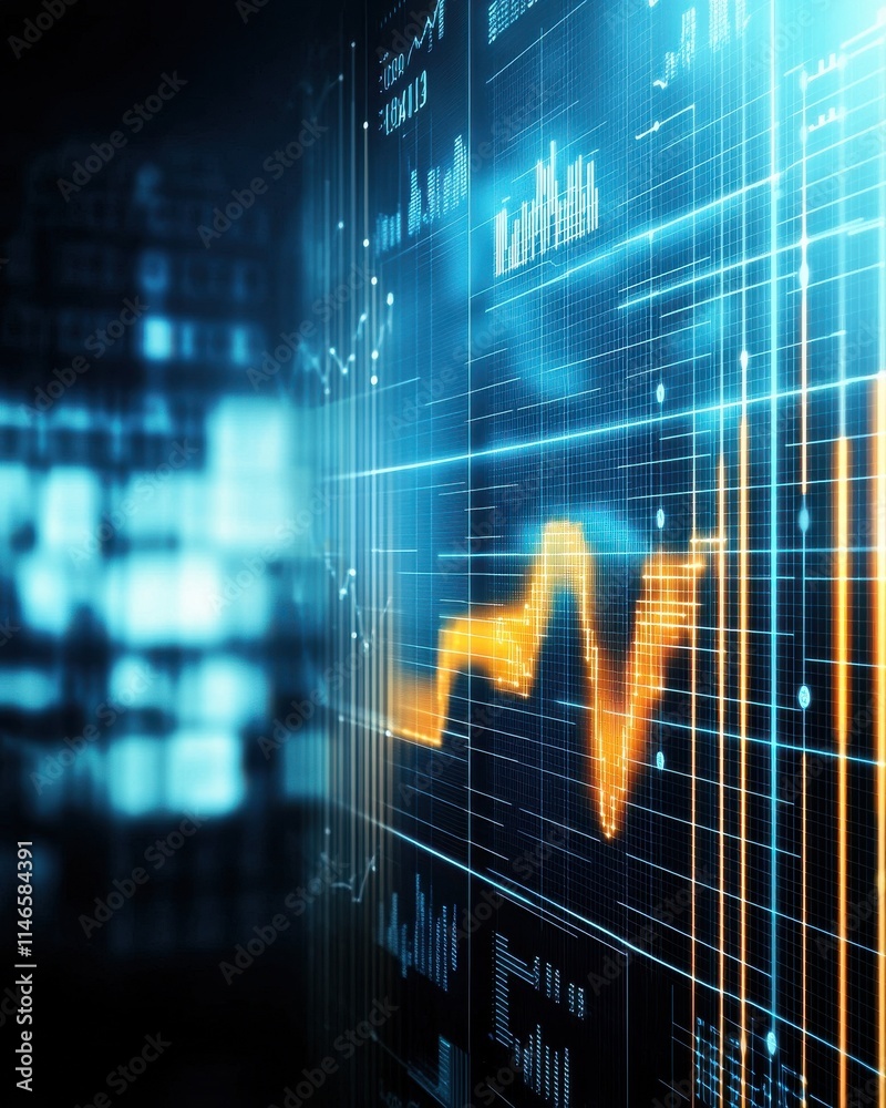 Poster dynamic financial analysis futuristic dashboard data visualization tech environment close-up view in