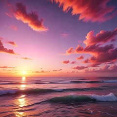 Fototapeta premium Vibrant hues of orange and pink dance across the sky above a serene ocean, abstract defocused colorful sunset above the sea, ocean horizon