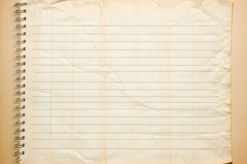 Obraz premium Empty spiral notebook page with creased paper texture, showcasing blank lines for handwritten notes, academic work, or creative writing tasks in a vintage style.