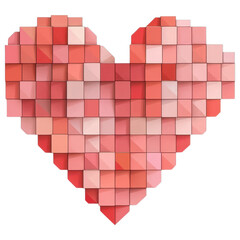 A vibrant, pixelated heart shape composed of various shades of red and pink squares, white background, transparent background.