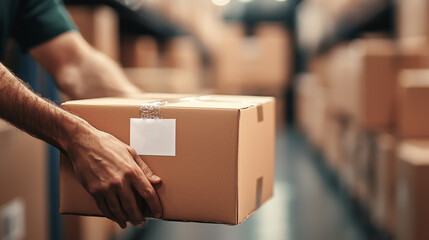 Close up of hands carrying cardboard box in warehouse setting