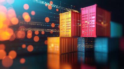 Colorful shipping containers with digital elements and glowing lights