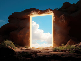 Glowing Portal in Rocky Landscape with Blue Sky and Clouds