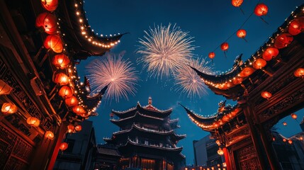 Fototapeta premium Spectacular Fireworks Display over Ancient Chinese Temple during Festive Celebration