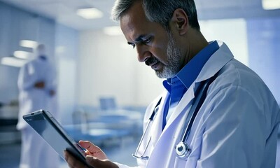 A man in a lab coat examines data on a tablet in a modern medical environment. - Powered by Adobe