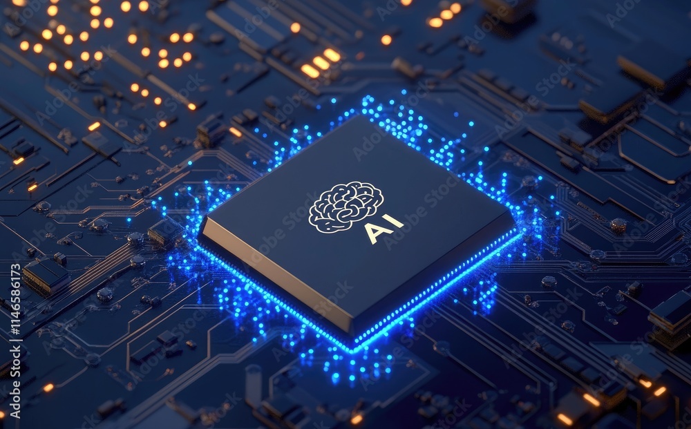 Poster a chip with an ai brain logo on it, glowing blue lights around the edge, floating above a complex ci