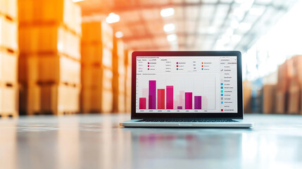 Logistics software displaying supply chain network with bar graphs and data analysis