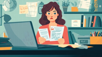 frustrated woman reviewing documents at desk